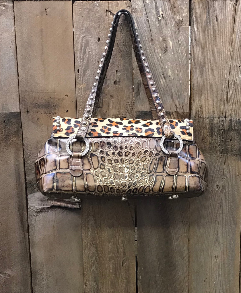 Brown Croc With Leopard Handbag