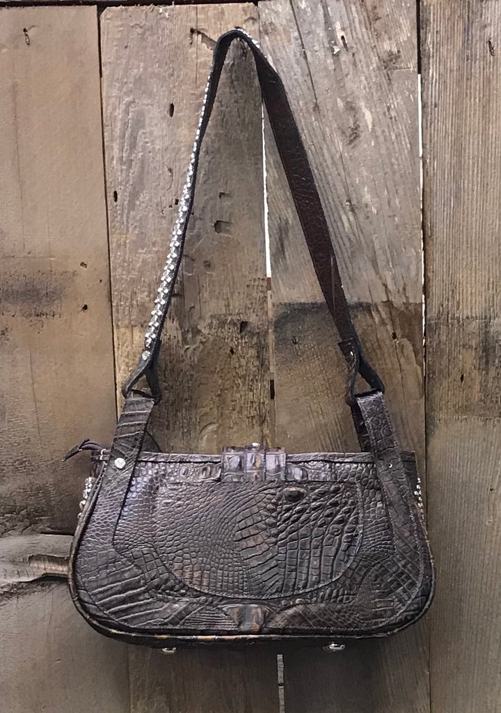 Brown Cowhide And Croc Leather With Swarovski Crystals Handbag