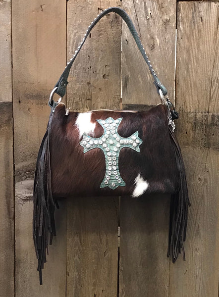 Brown And White Brindle Hair With Turquoise Cross Handbag
