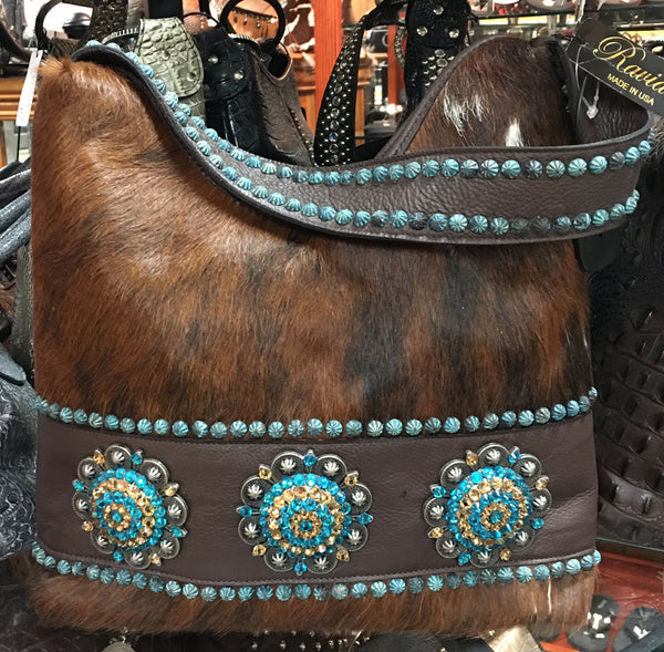 Brindle Cowhide With Turquoise Rivets And Swarovski Crystals Handbag