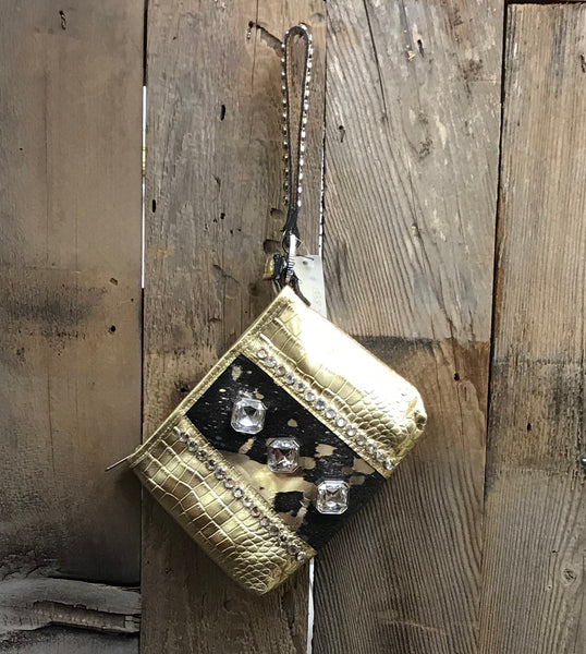 Gold Croc Leather With Gold Cowhide And Three Large Swarovski Crystals