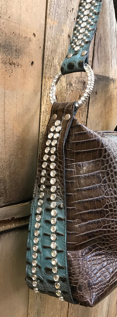 Brown And Turquoise Croc With Swarovski Crystals Handbag