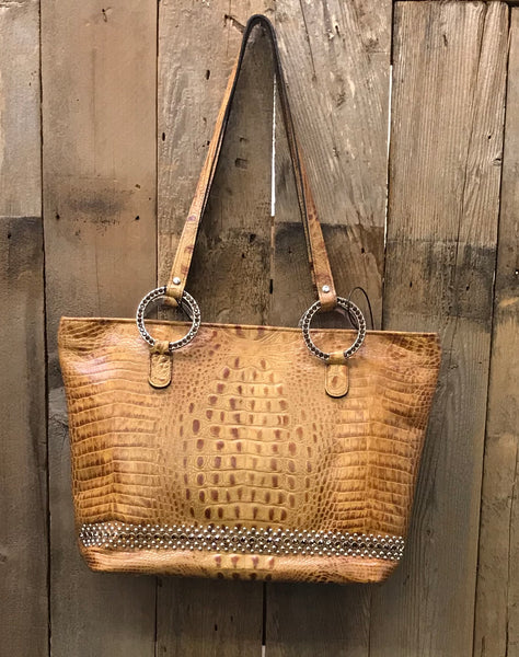Caramel Croc Leather With Swarovski Crystal Border Handbag