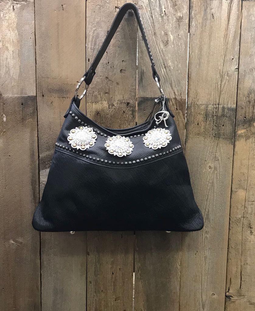 Black Leather With Black Hair And 3 Conchos With Swarovski Crystals Handbag