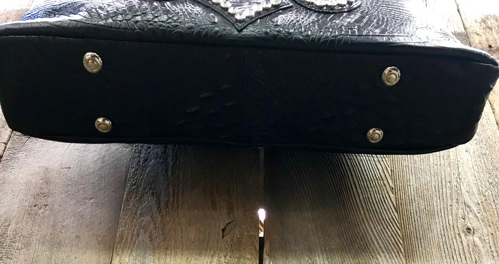 Black Leather With Swarovski Crystal Fleur de Lis Handbag