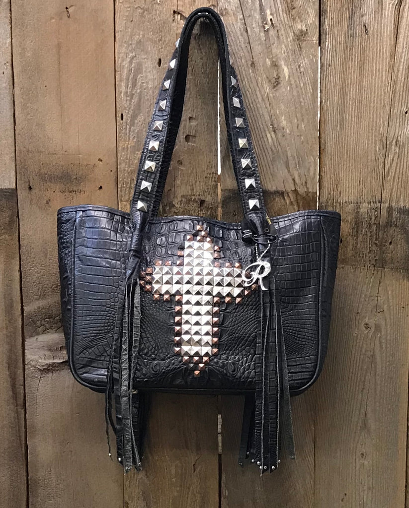Black Croc With Studded Cross Handbag