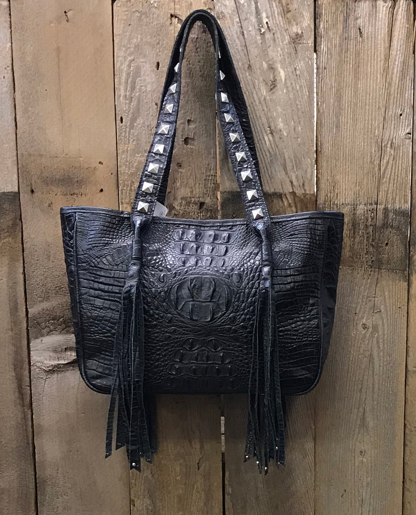 Black Croc With Studded Cross Handbag