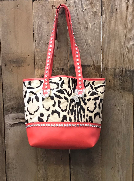 Coral Leather With Snow Leopard Hair Handbag