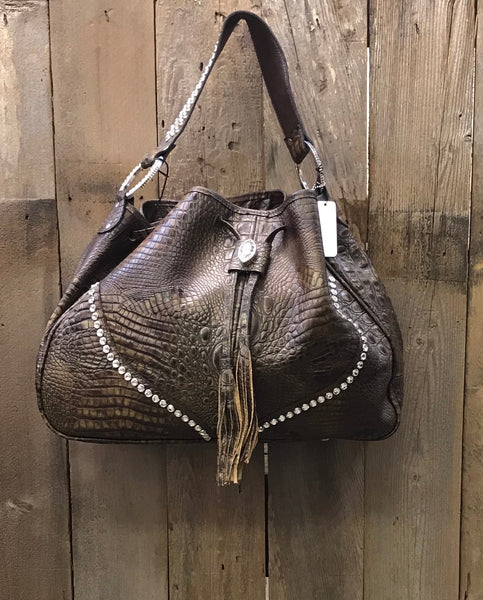 Brown Croc Leather Drawstring With Swarovski Crystals Handbag