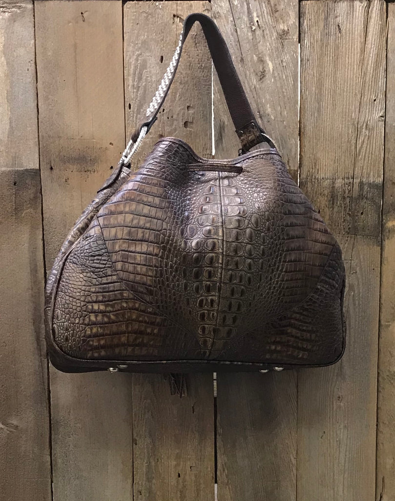 Brown Croc Leather Drawstring With Swarovski Crystals Handbag
