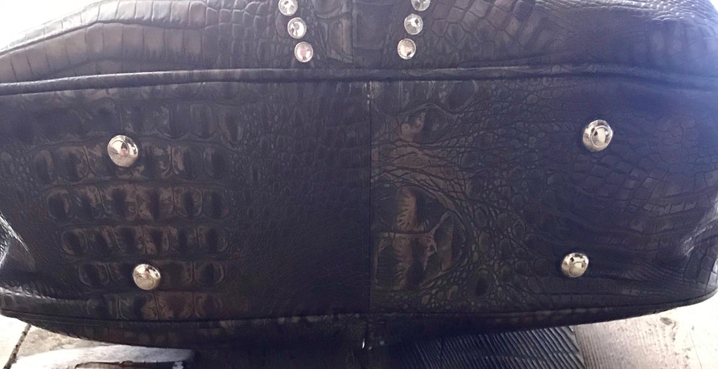 Brown Croc Leather Drawstring With Swarovski Crystals Handbag