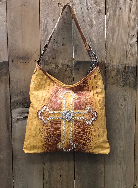 Caramel Croc With Swarovski Crystal Cross Handbag