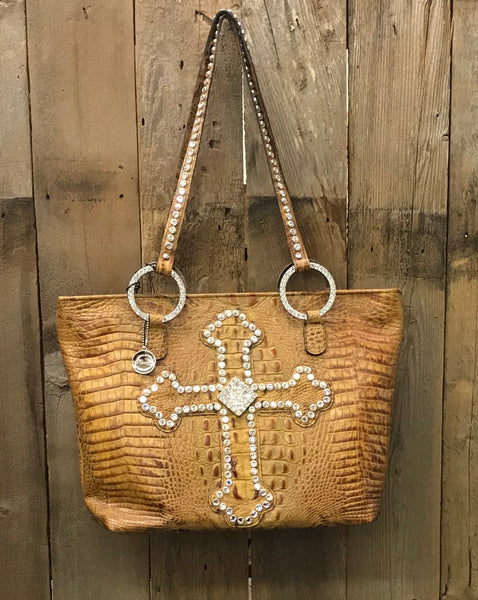 Caramel Croc With Swarovski Crystal Cross Handbag