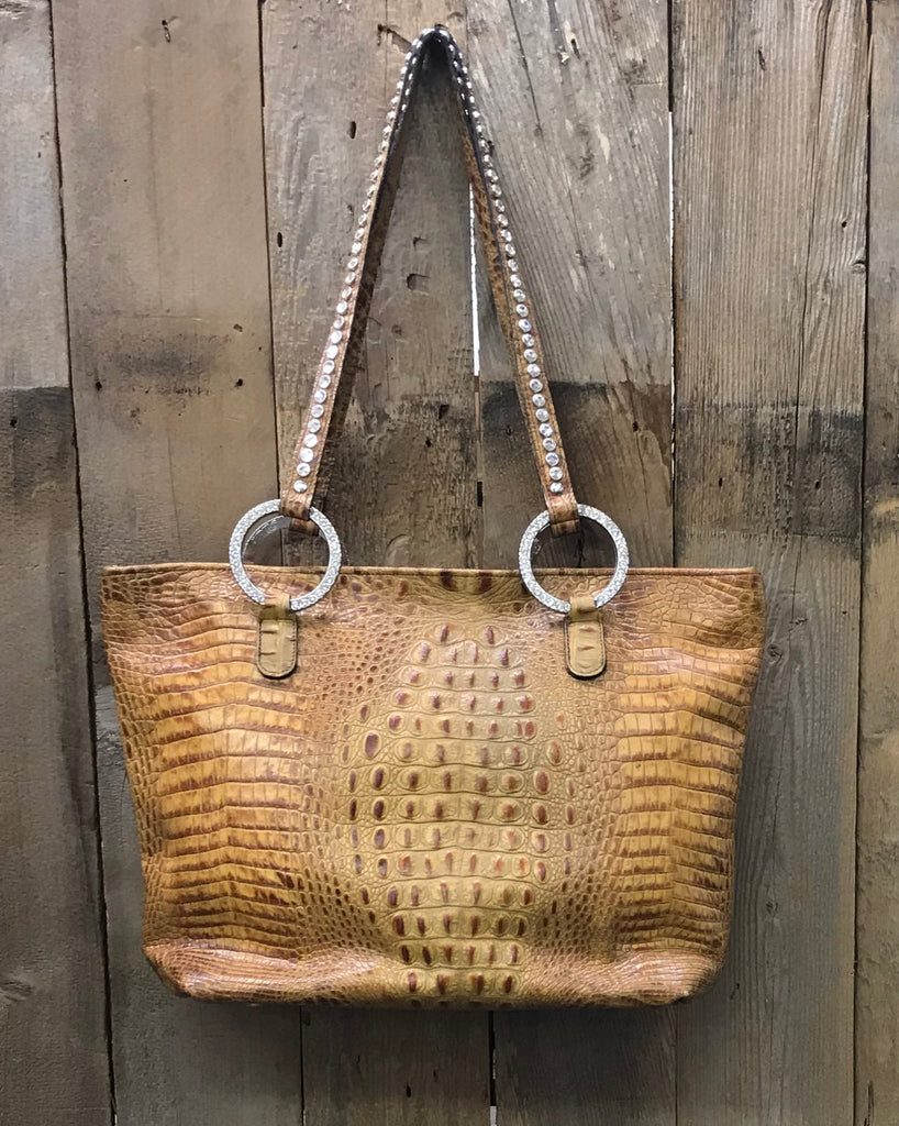 Caramel Croc With Swarovski Crystal Cross Handbag