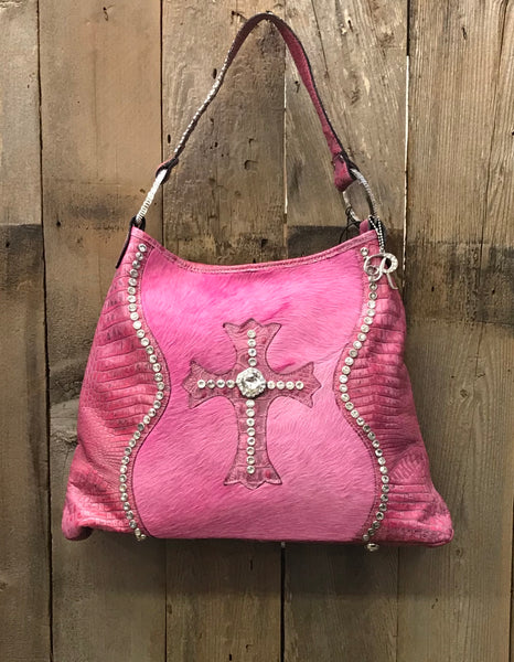 Fuchsia Croc Leather With Brindle And Swarovski Crystals Handbag