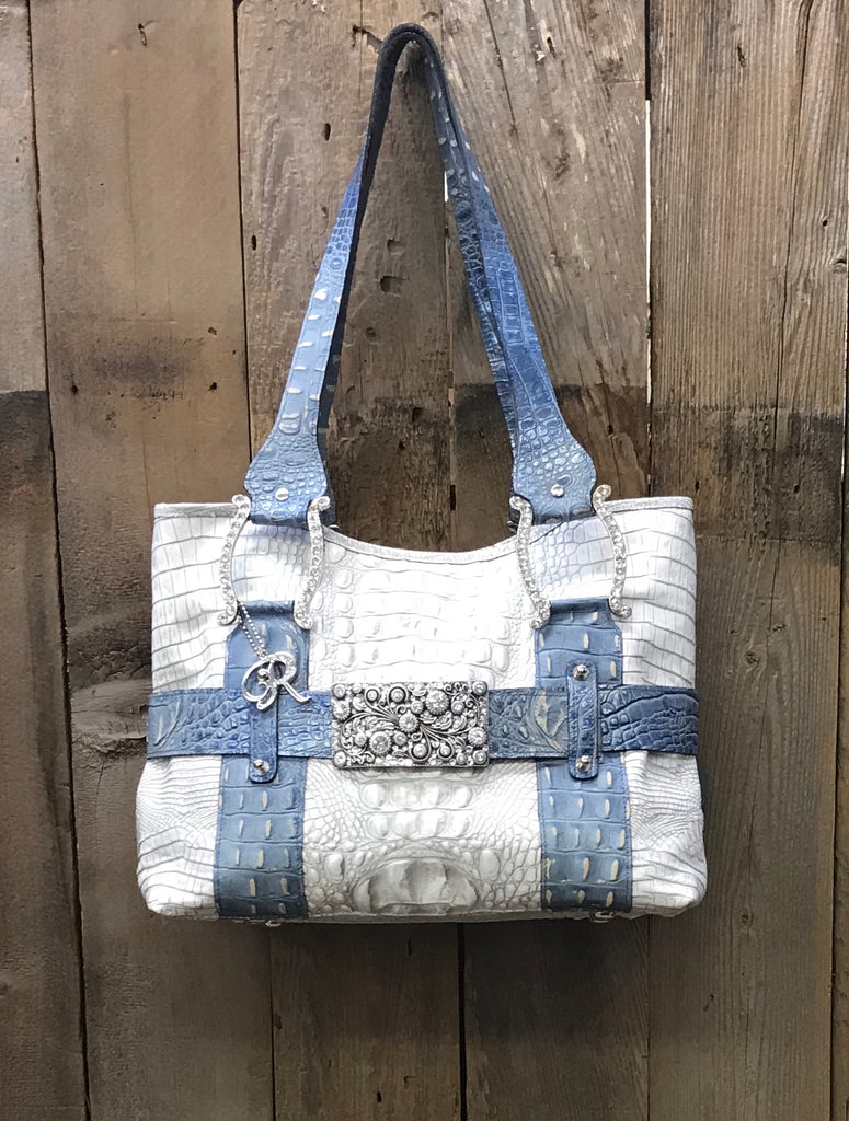 White And Blue Croc Leather With Buckle