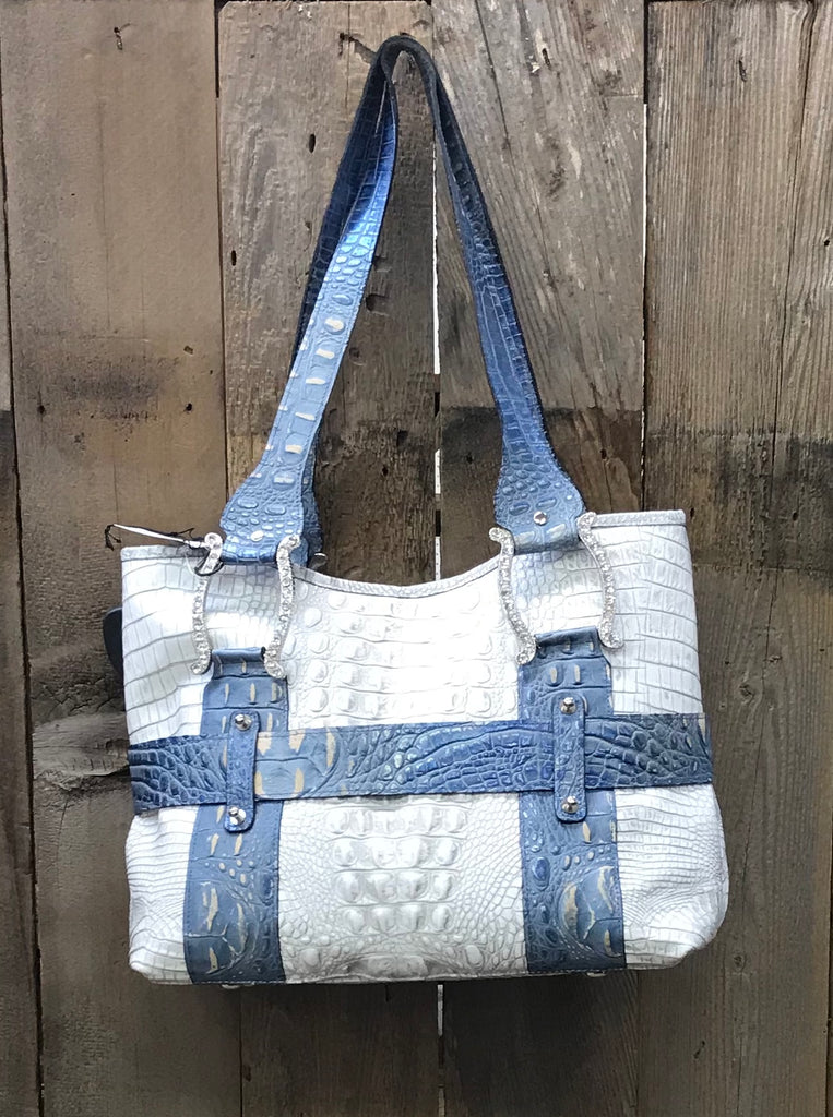 White And Blue Croc Leather With Buckle
