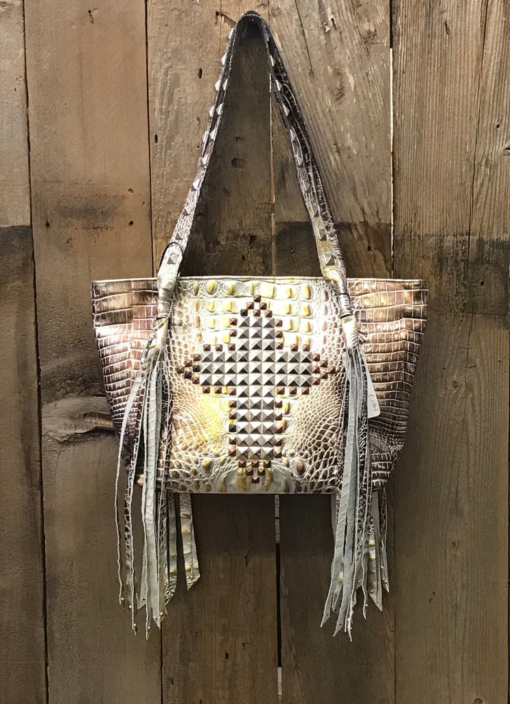 Gold And Silver Croc Leather With Studded Cros Handbag