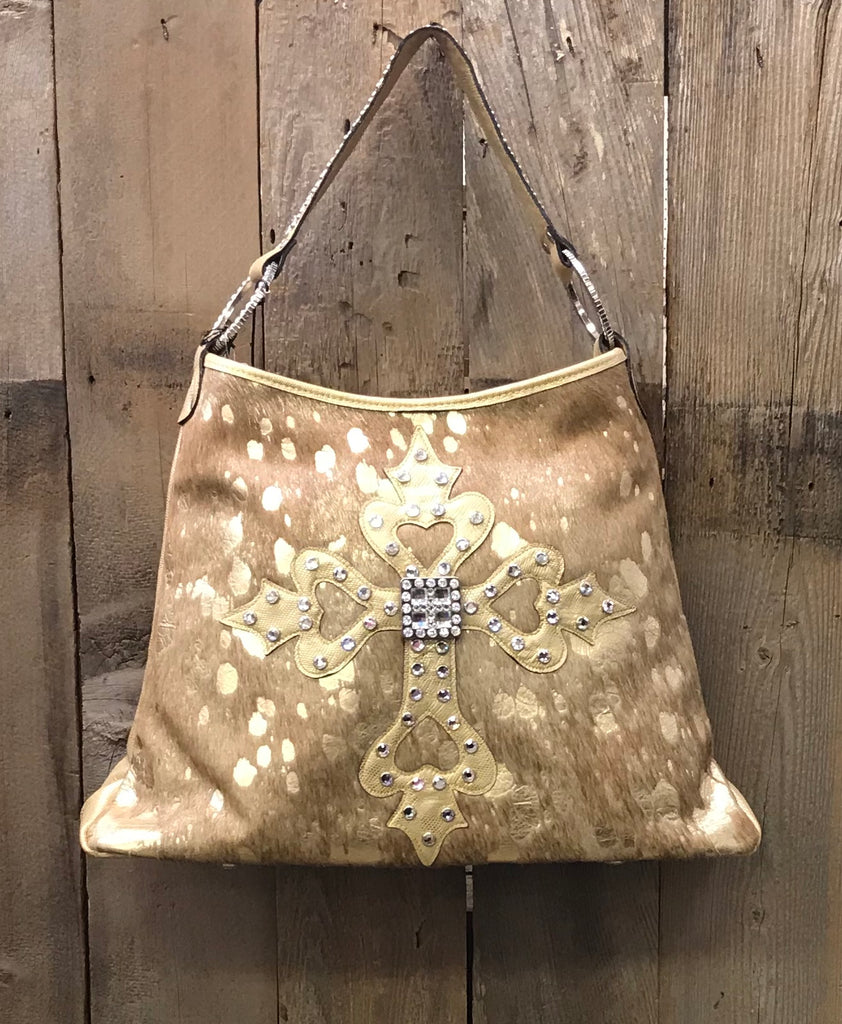 Gold Acid Wash With Swarovski Crystals Cross Handbag