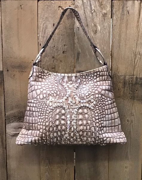 Lt. Brown And Cream Croc Leather With Crystal Cross