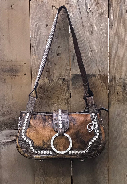 Brown Cowhide And Croc Leather With Swarovski Crystals Handbag