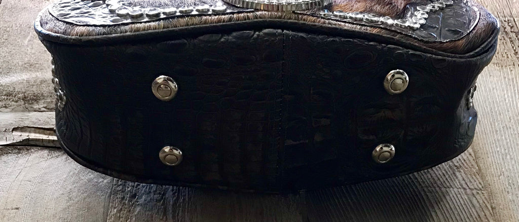 Brown Cowhide And Croc Leather With Swarovski Crystals Handbag
