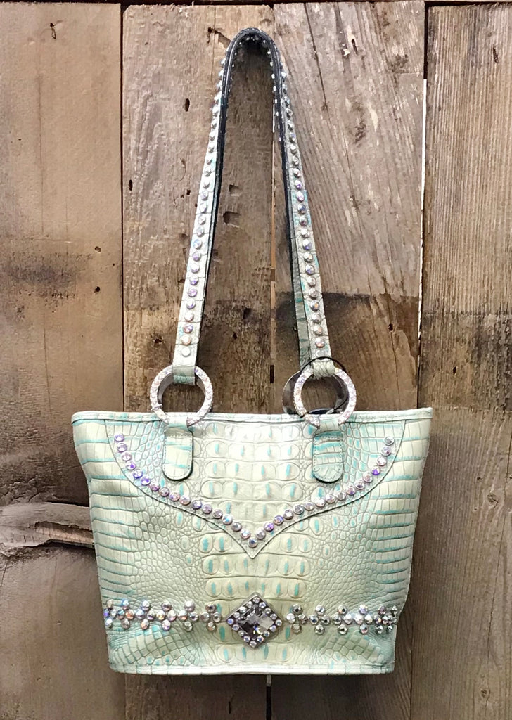 Mint Green And Turquoise Croc Leather With Crystals