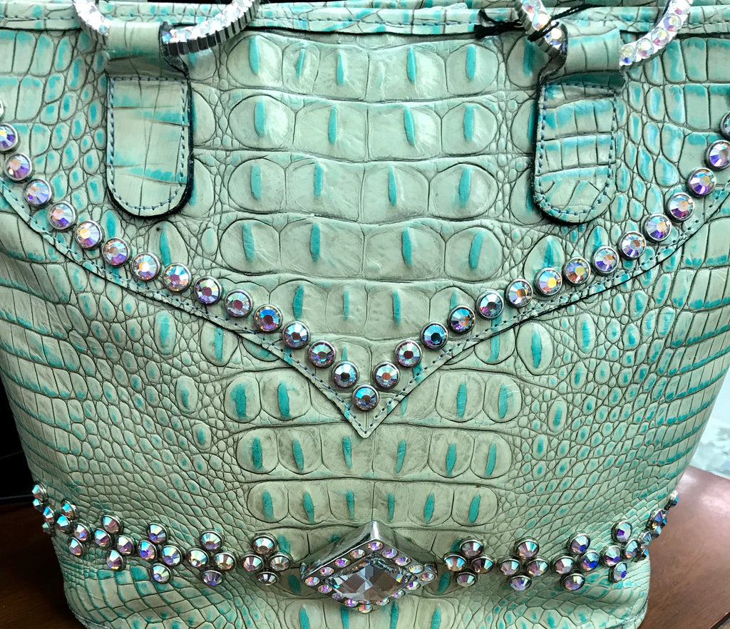 Mint Green And Turquoise Croc Leather With Crystals