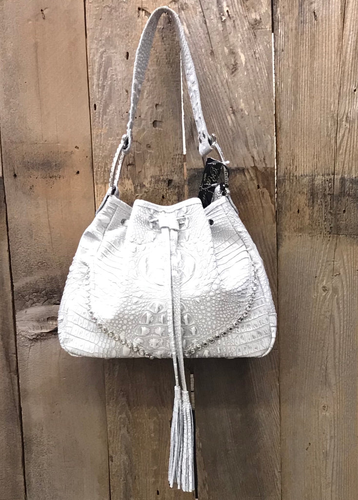 Gray Croc Drawstring With Crystals