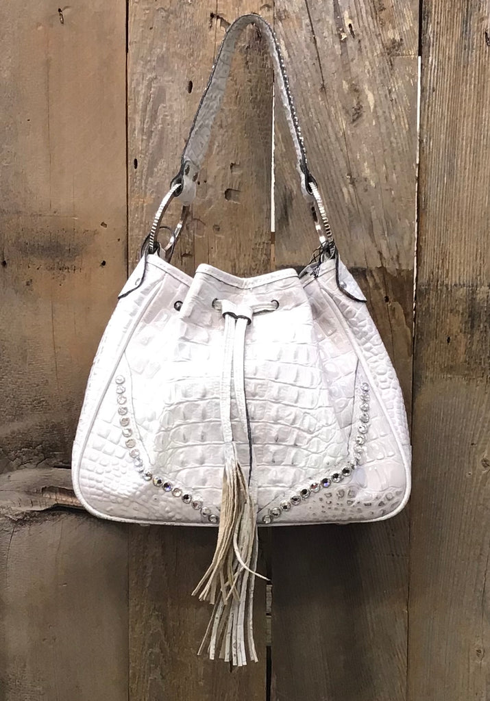 White Croc Leather Drawstring