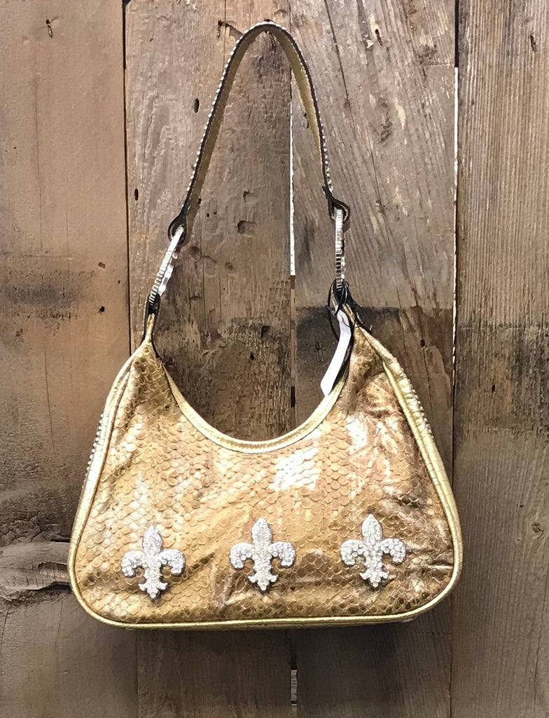 Gold Snake Skin Leather With Three Fleur De Lis Handbag