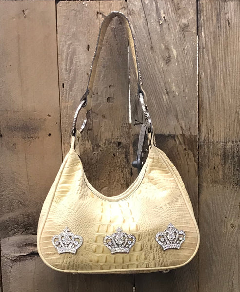 Butter Cream Croc Leather With Three Crowns Handbag