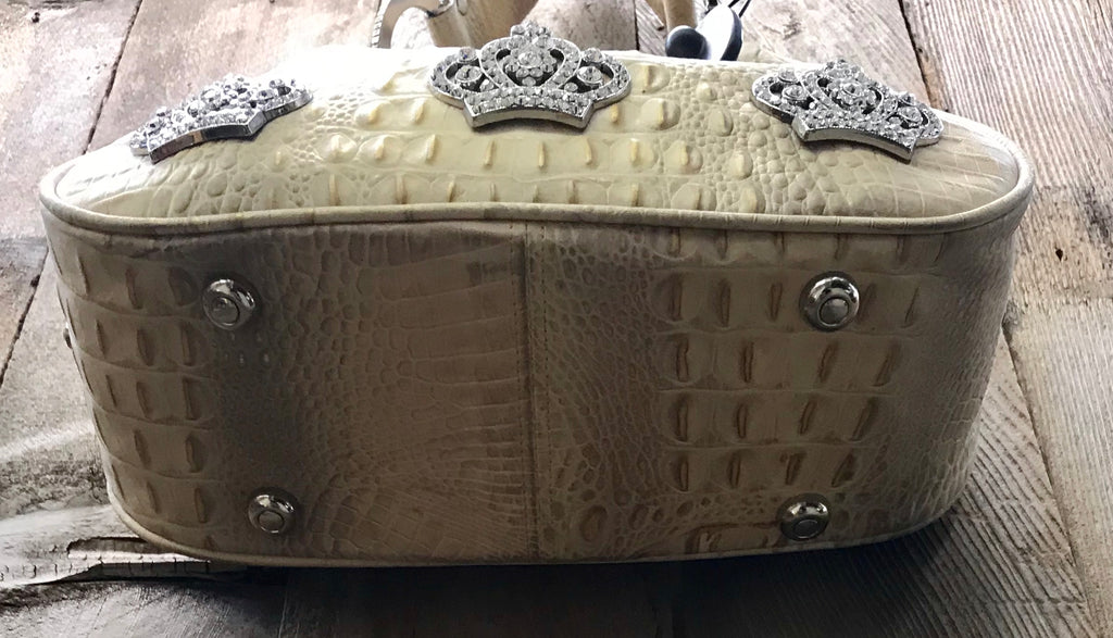 Butter Cream Croc Leather With Three Crowns Handbag