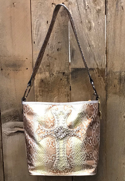Gold And Bronze Snakeskin With Cross Handbag
