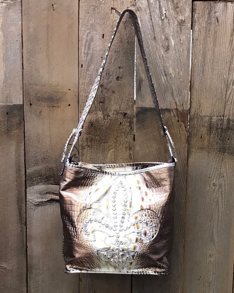 Bronze And Silver Croc With Fleur De Lis Swarovski Crystal Handbag