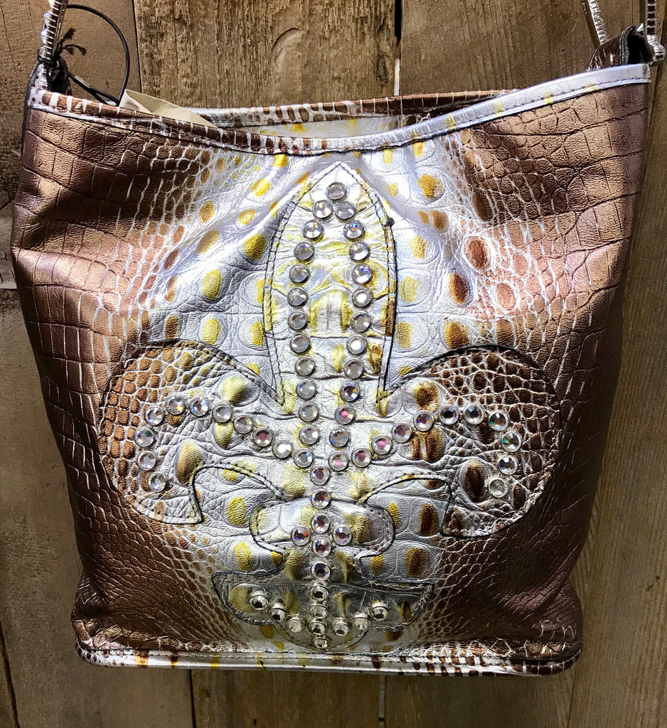 Bronze And Silver Croc With Fleur De Lis Swarovski Crystal Handbag