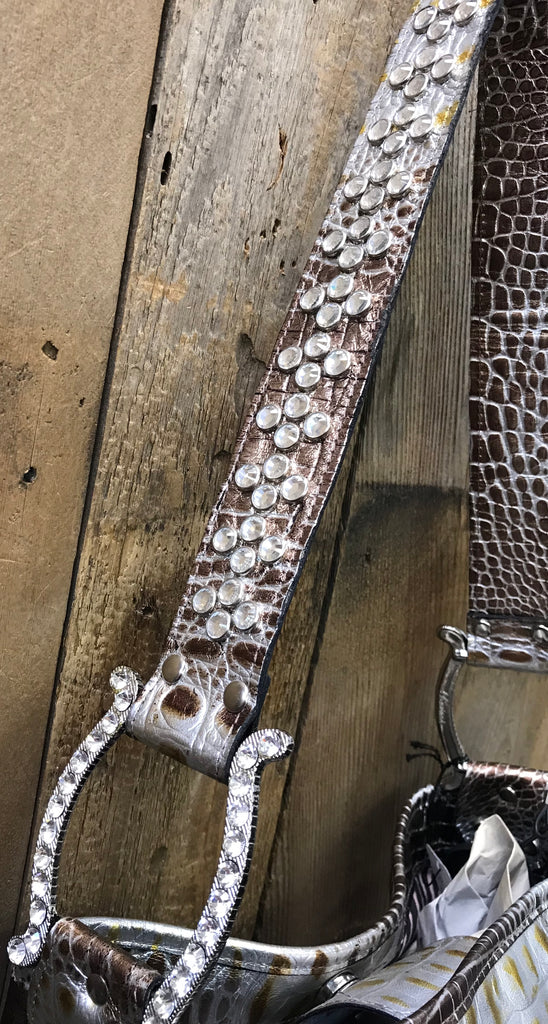 Bronze And Silver Croc With Fleur De Lis Swarovski Crystal Handbag