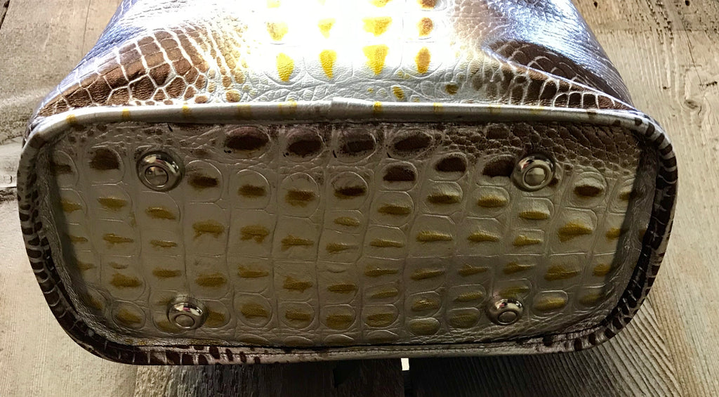 Bronze And Silver Croc With Fleur De Lis Swarovski Crystal Handbag