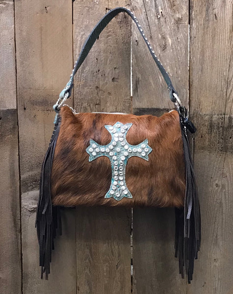 Brown Brindle Hair With Turquoise Cross Handbag