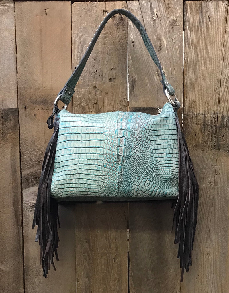 Brown And White Brindle Hair With Turquoise Cross Handbag