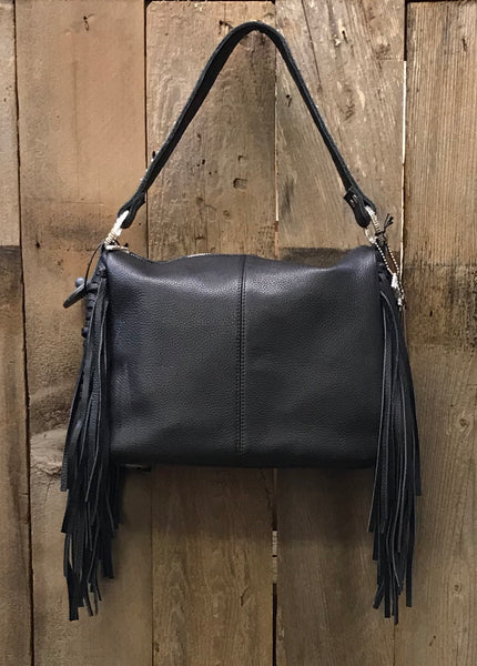 Black Leather With Fringe Handbag