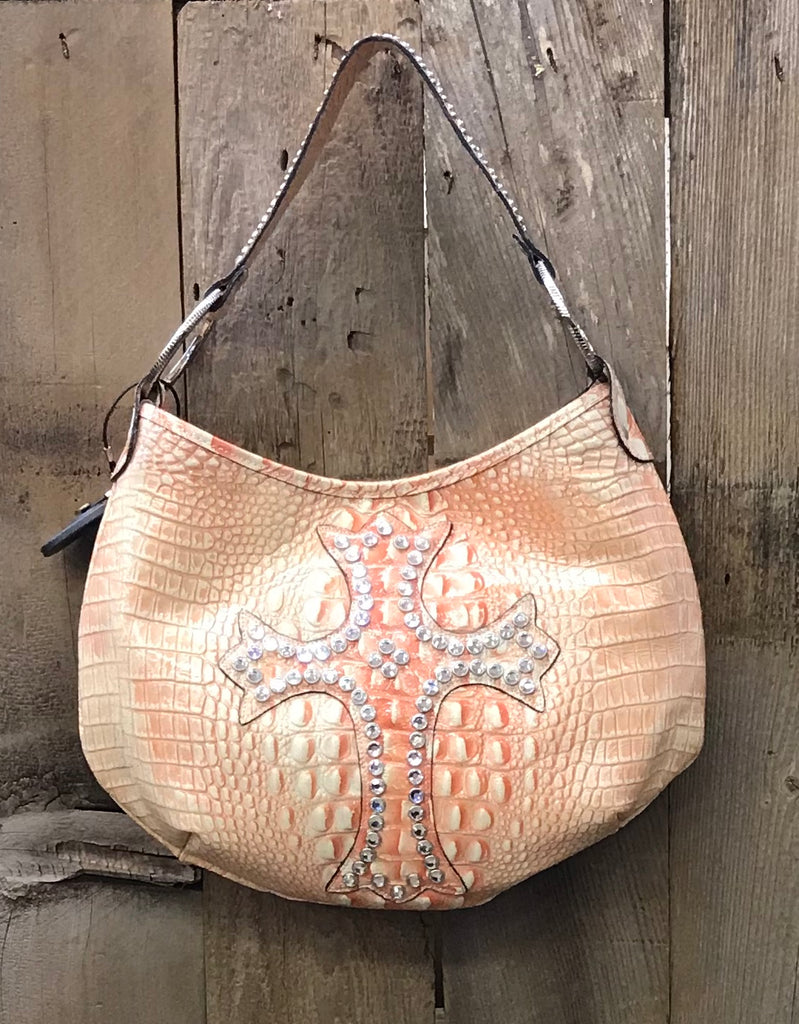 Glitter Coral Croc Leather With Swarovski Crystal Cross