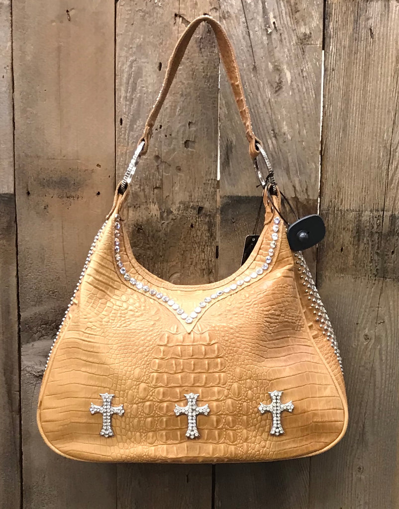 Tan Croc With Three Swarovski Crystal Crosses
