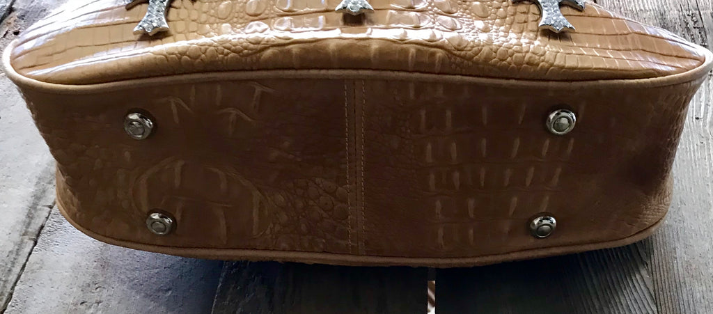 Tan Croc With Three Swarovski Crystal Crosses