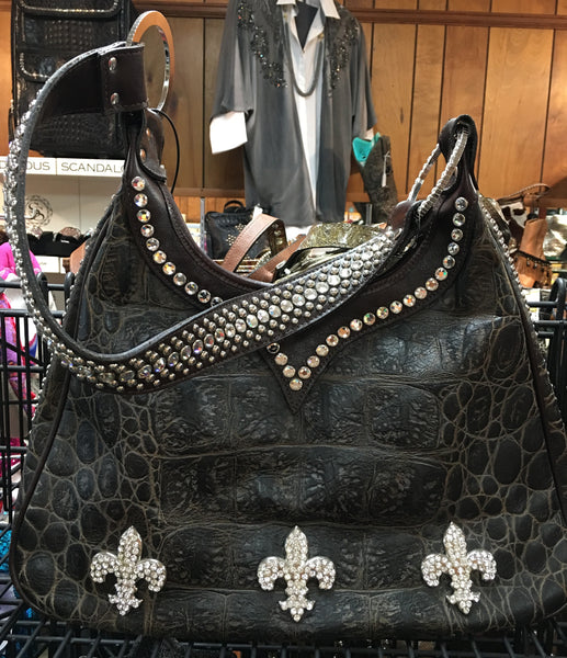 Brown Croc With Swarovski Crystals Fleur De Lis Conchos On Handbag