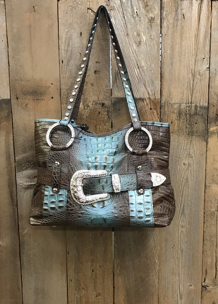 Brown And Turquoise Croc With Western Buckle Handbag