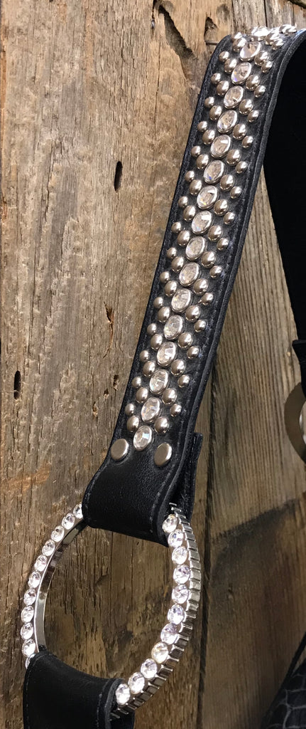 Black Leather With Three Swarovski Crystal Rings