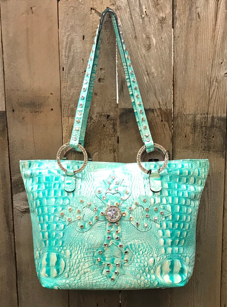 Glitter Turquoise Croc Leather With Swarovski Crystal Cross