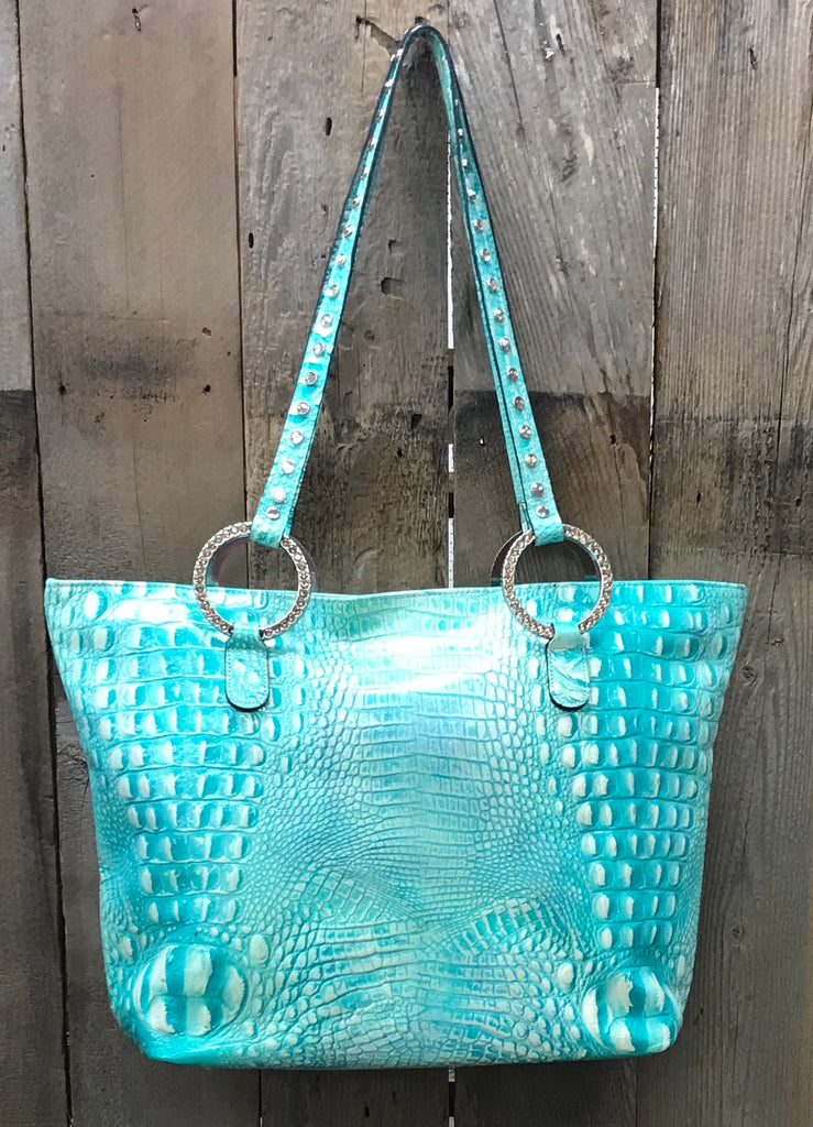 Glitter Turquoise Croc Leather With Swarovski Crystal Cross