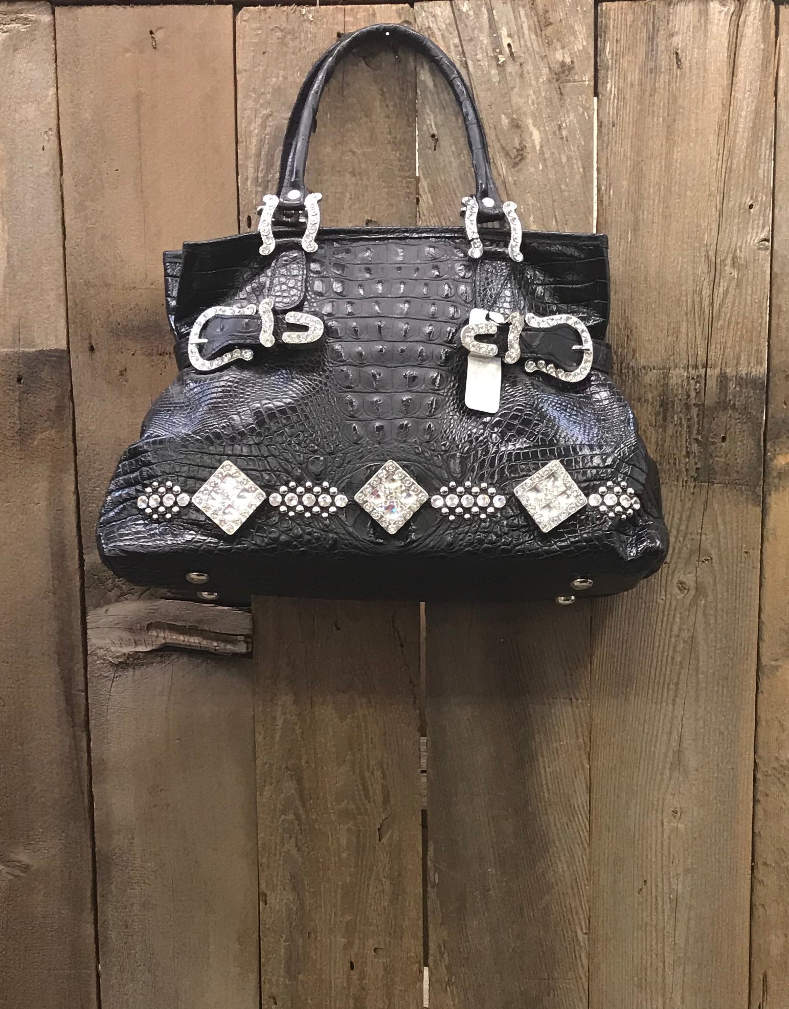 Black Croc With Swarovski Crystal Conchos Handbag - Forever Treasures  Boutique